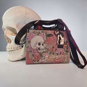 Ed Hardy Pink Denim Skull & Rose Embroidered Crossbody Bag, NWT